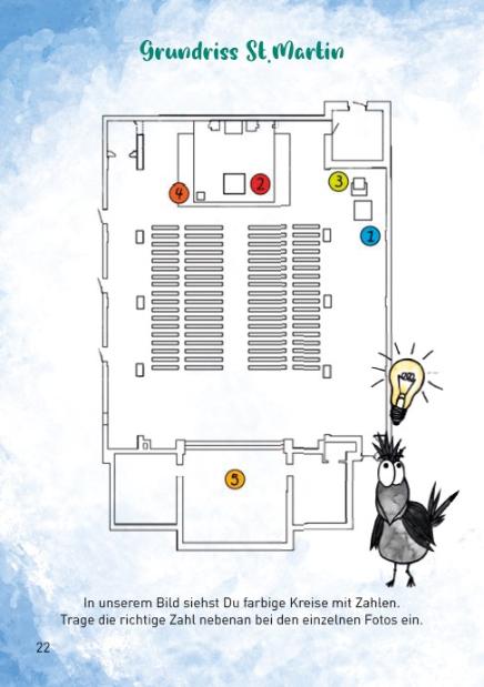 Innen-Seite 21: Grundriss vom Innenraum der Kirche mit fünf farbigen Kreisen und einer SüdStadtKrähe, der ein Licht aufgeht.
