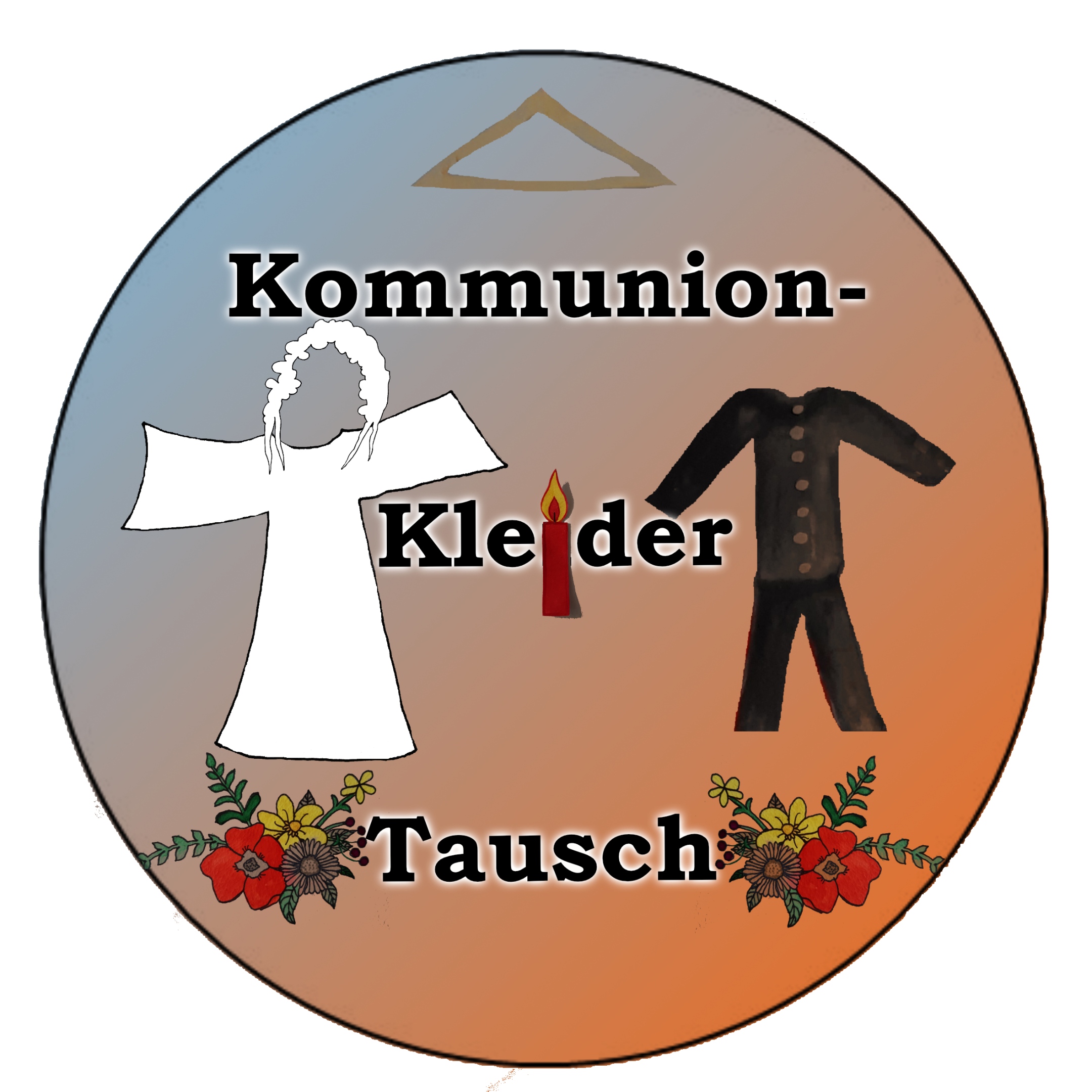 Kreisbild: Wort 'Kommunionkleidertausch' mit Kommunionkleid und-anzug, oben ein Bügel