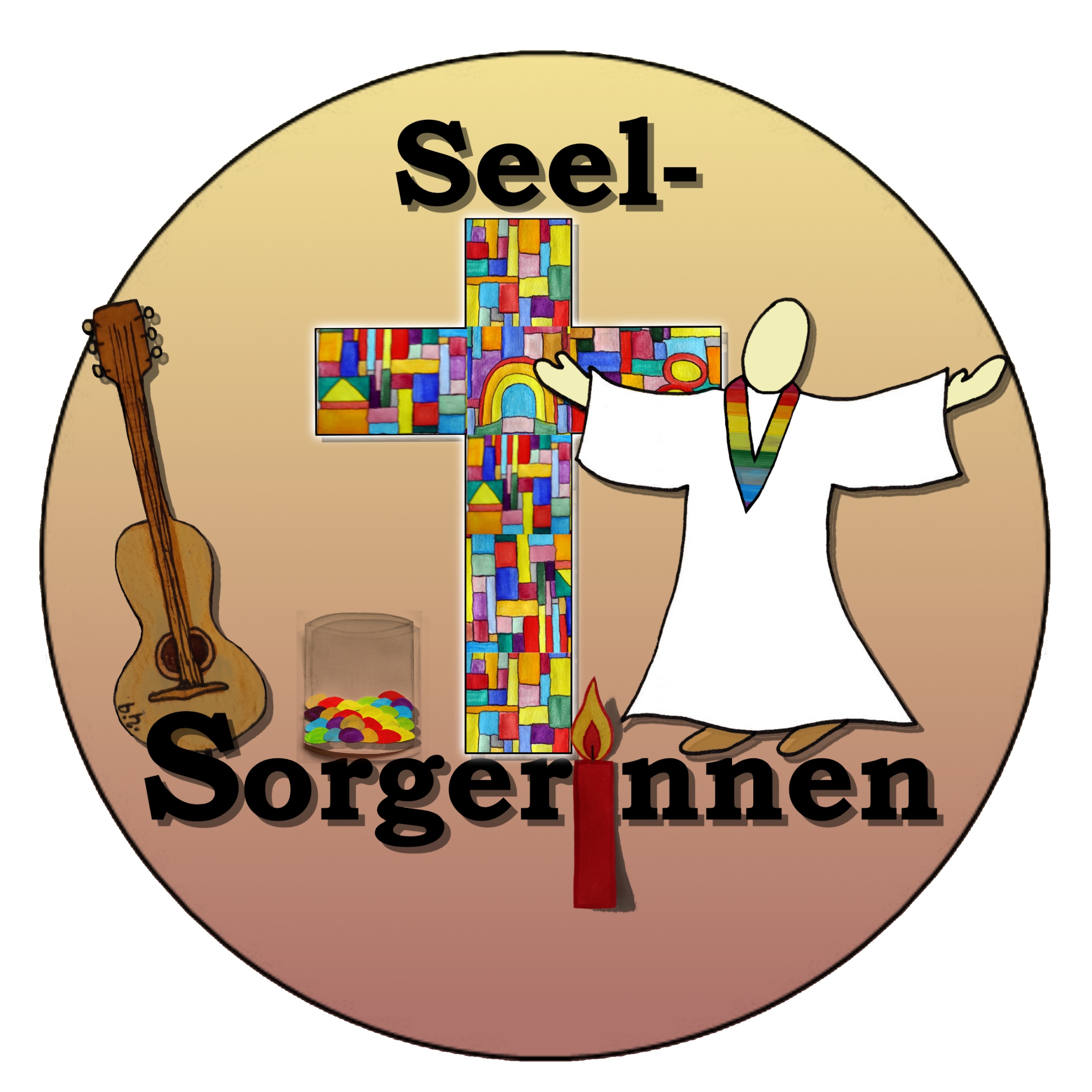 Kreisbild: Wort 'Seelsorgerin' , darunter: Buntes Kreuz, Glassteinchen, Kerze, Gitarre, Mensch in Gewand