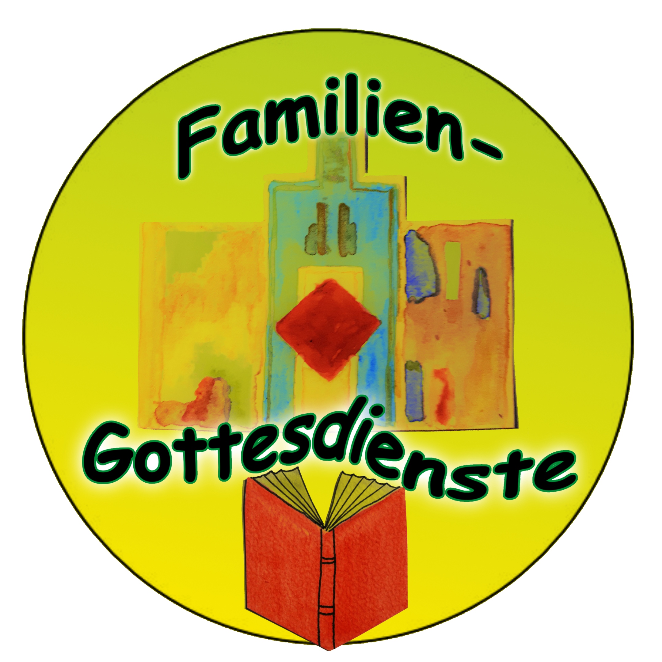 Kreisbild: Wort 'Familiengottesdienste', dazwischen stilisierter Altar von St. Clemens, drunter ein etwas geöffnetes Buch