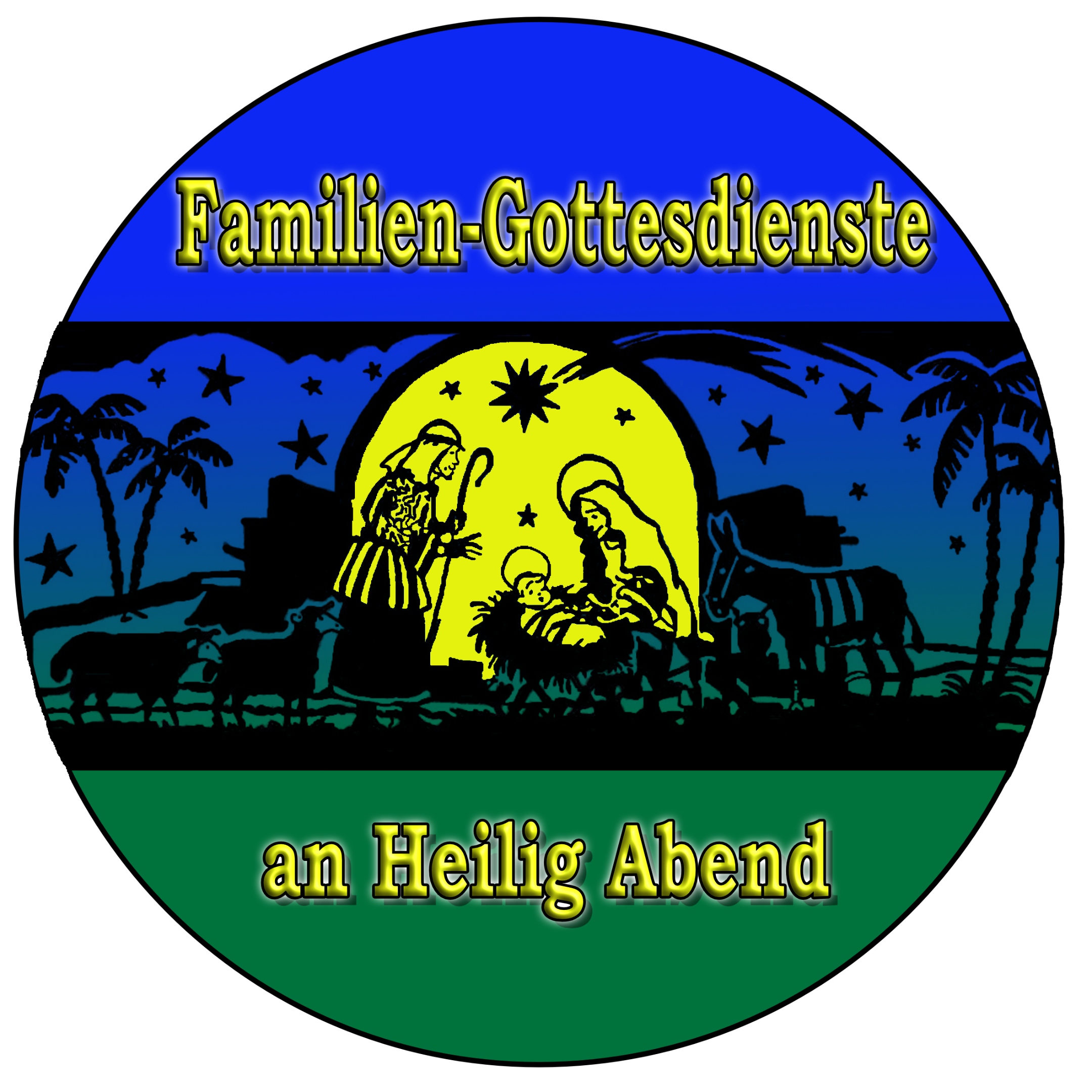 Kreisbild: Worte 'Familien-Gottesdienste an Heilig Abend, in der Mitte; Krippe als Scherenschnitt