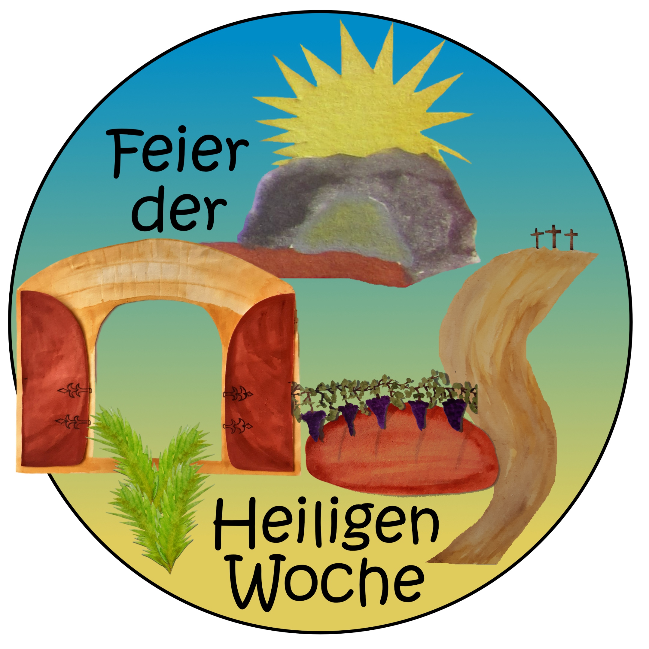 Kreisbild: Worte 'Feiern in der Heiligen Woche' mit vier Symbolkreisen zu Palmsonntag, Gründonnerstag, Karfreitag und Ostersamstag