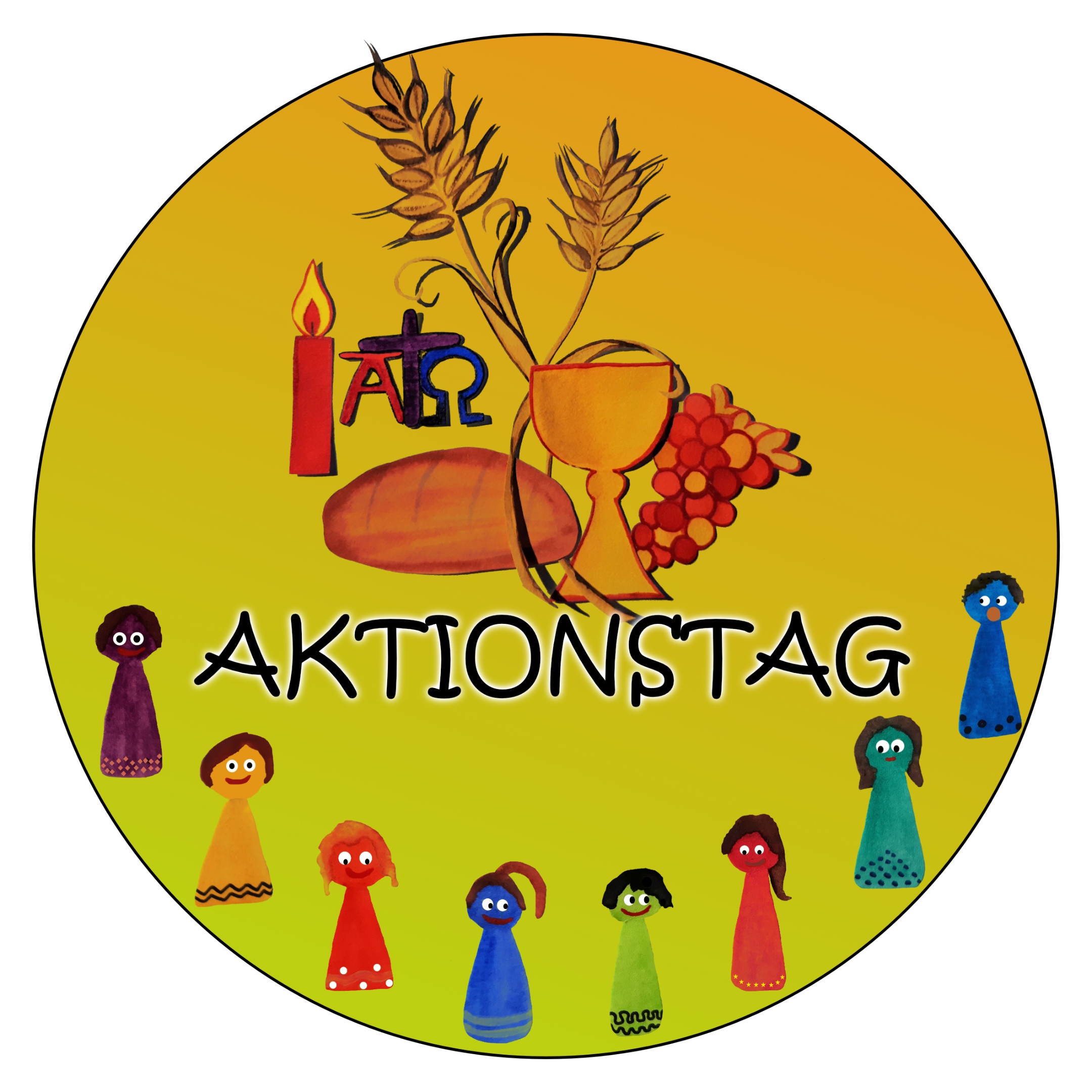 Kreisbild: Wort 'Aktionstag' mit Kegelmenschen, darüber Kelch, Brot, Kerze, Ähren