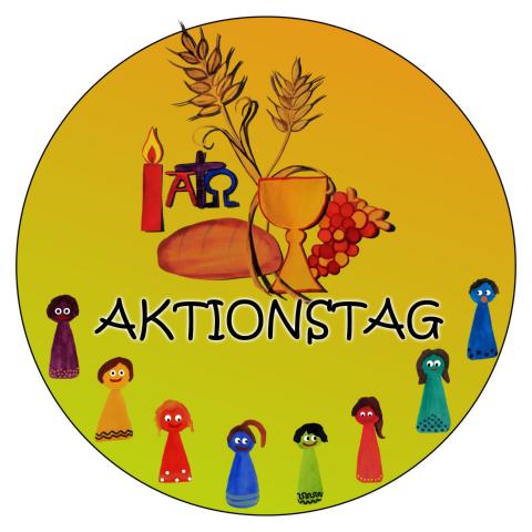 Kreisbild: Wort 'Aktionstag' mit Kegelmenschen, darüber Kelch, Brot, Kerze, Ähren