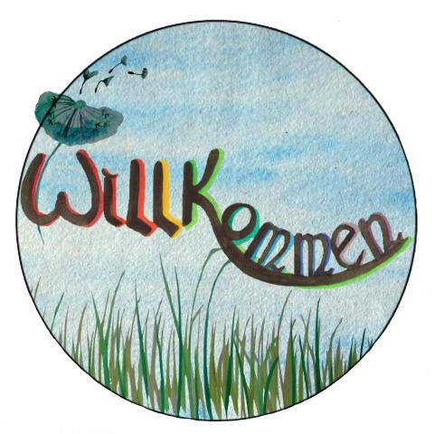 Kreisbild: gemalt Wort' Willkommen' geschwungen über einer Wiese. Aus dem 'W' kommt eine Pusteblume