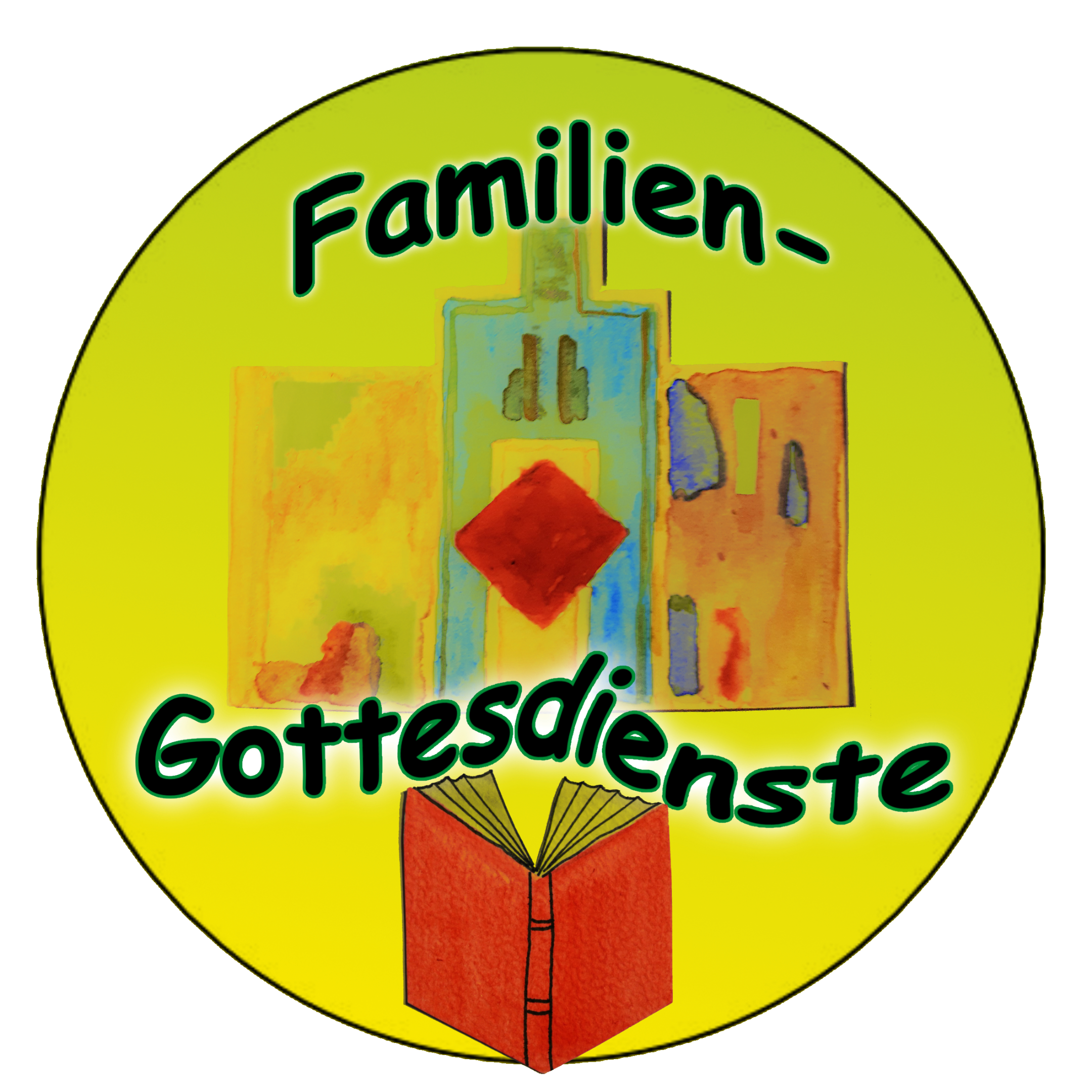 Kreisbild:  Wort 'Familien-Gottesdienste', gemalt: stilisierter Altar und ein etwas aufgeschlagenes Buch