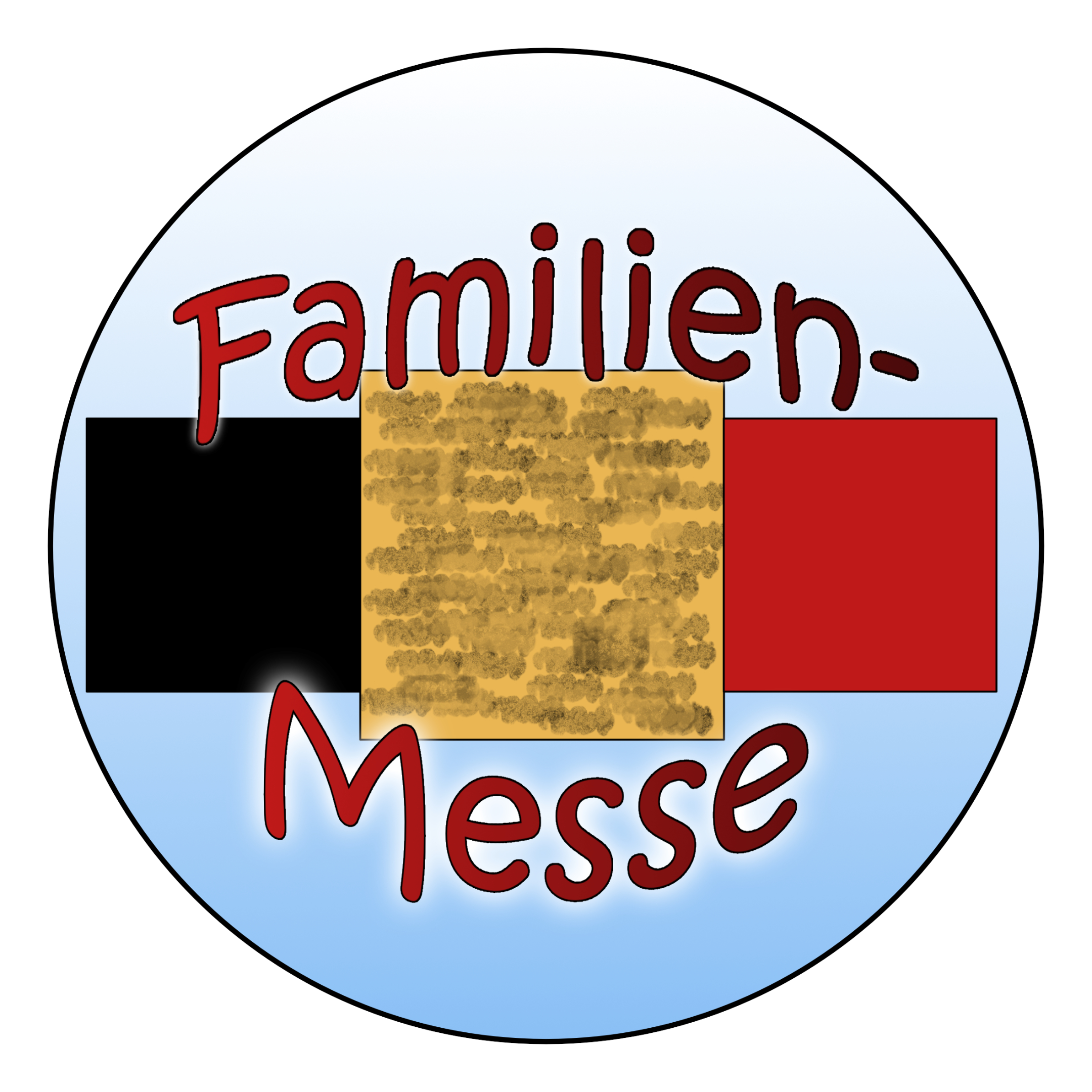 Kreisbild: Wort 'Familien-Messe', dazwischen: gemaltes Kunstwerk über dem Altar: ein schwarzes, ein goldenes und ein rotes Quadrat liegen nebeneinander.