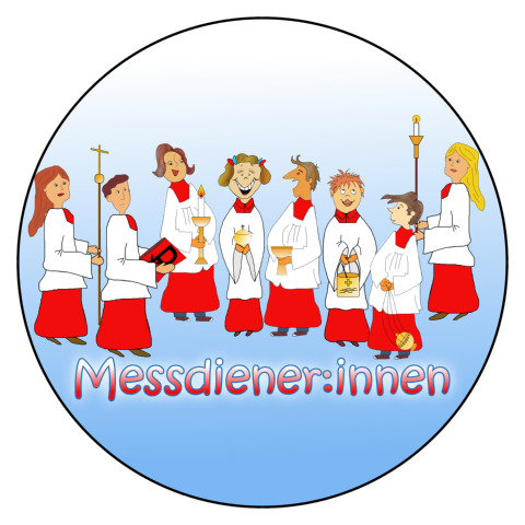 Kreisbild: Wort 'Messdiener:innen', 8 Messdienerzeichnungen mit Symbolgegenständen ihrer Tätigkeit wie Kerze, Kreuz, Weihrauch