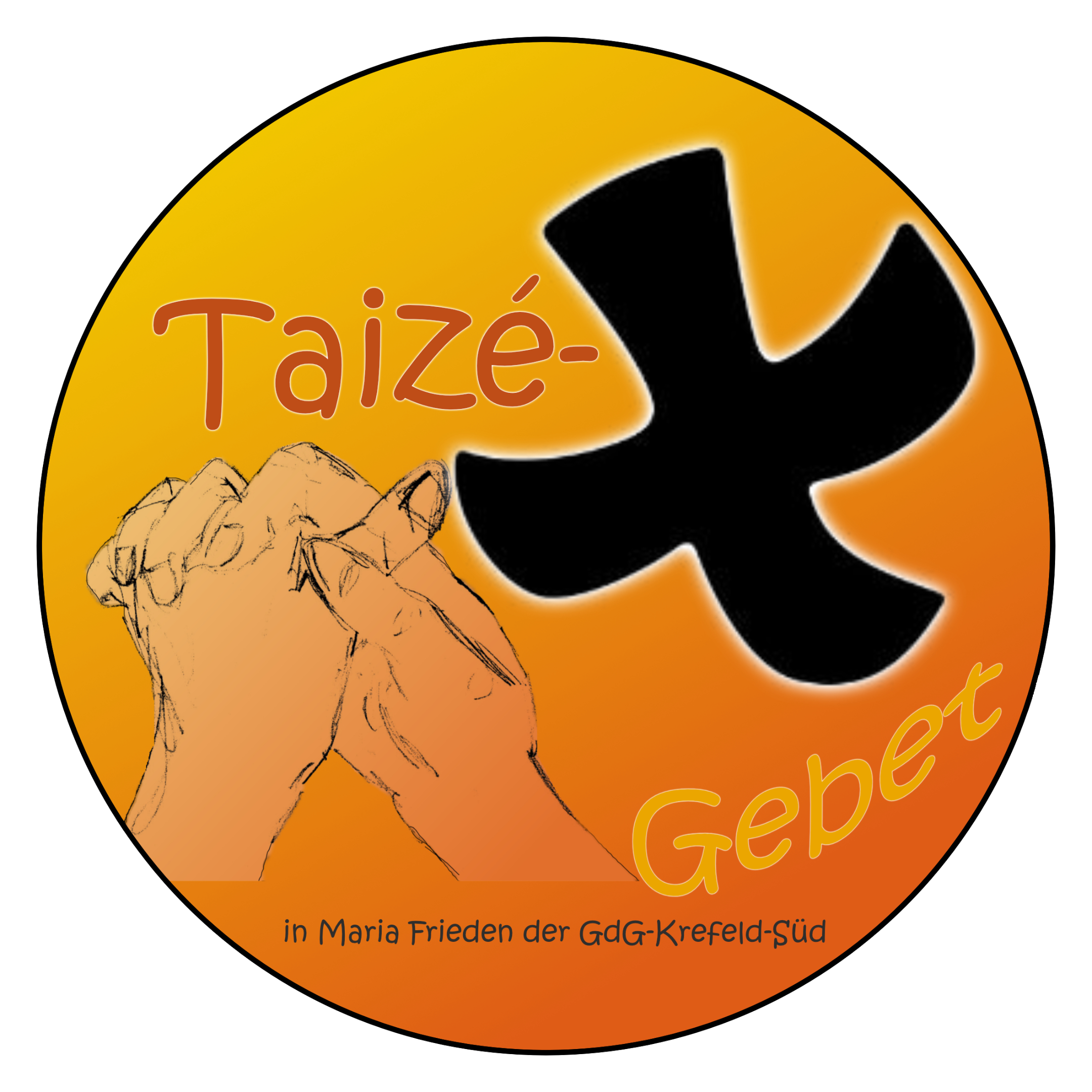 Kreisbild: Wort 'Taizé-Gebet, dazischen betende Hände und das typische Kreuz aus Taizé
