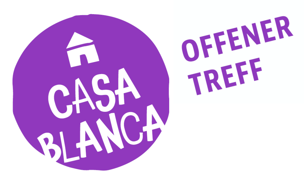 Rechteck: Worte 'Casa Blnaca' als weiße Schrift in einem violetten Kreis mit Haus darüber,  Worte 'Offener Treff' steht neben dem Kreis.