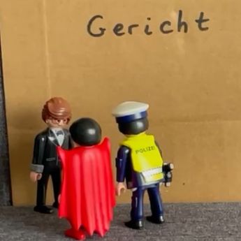 Pappe mit dem Wort 'Gericht' davor zwei Playmobilmännchen , die einen dritten befragen.