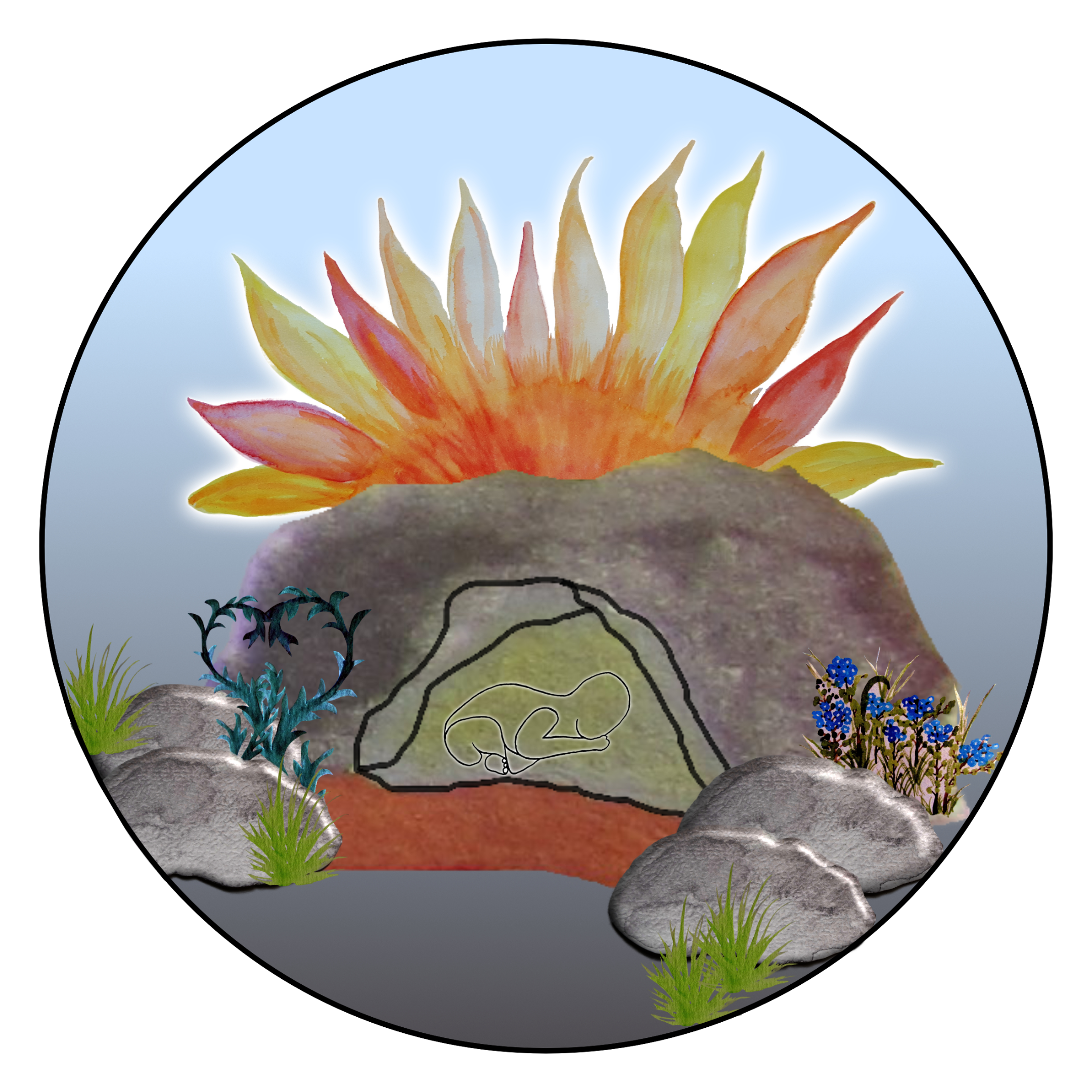 gemalter Kreis in der Mitte Hügelgrab mit Sternkindsilhouette (zart), darüber aufgehende Sonne, rechts und links daneben: steine mit Pflanzen, u.a. Vergißmeinnicht