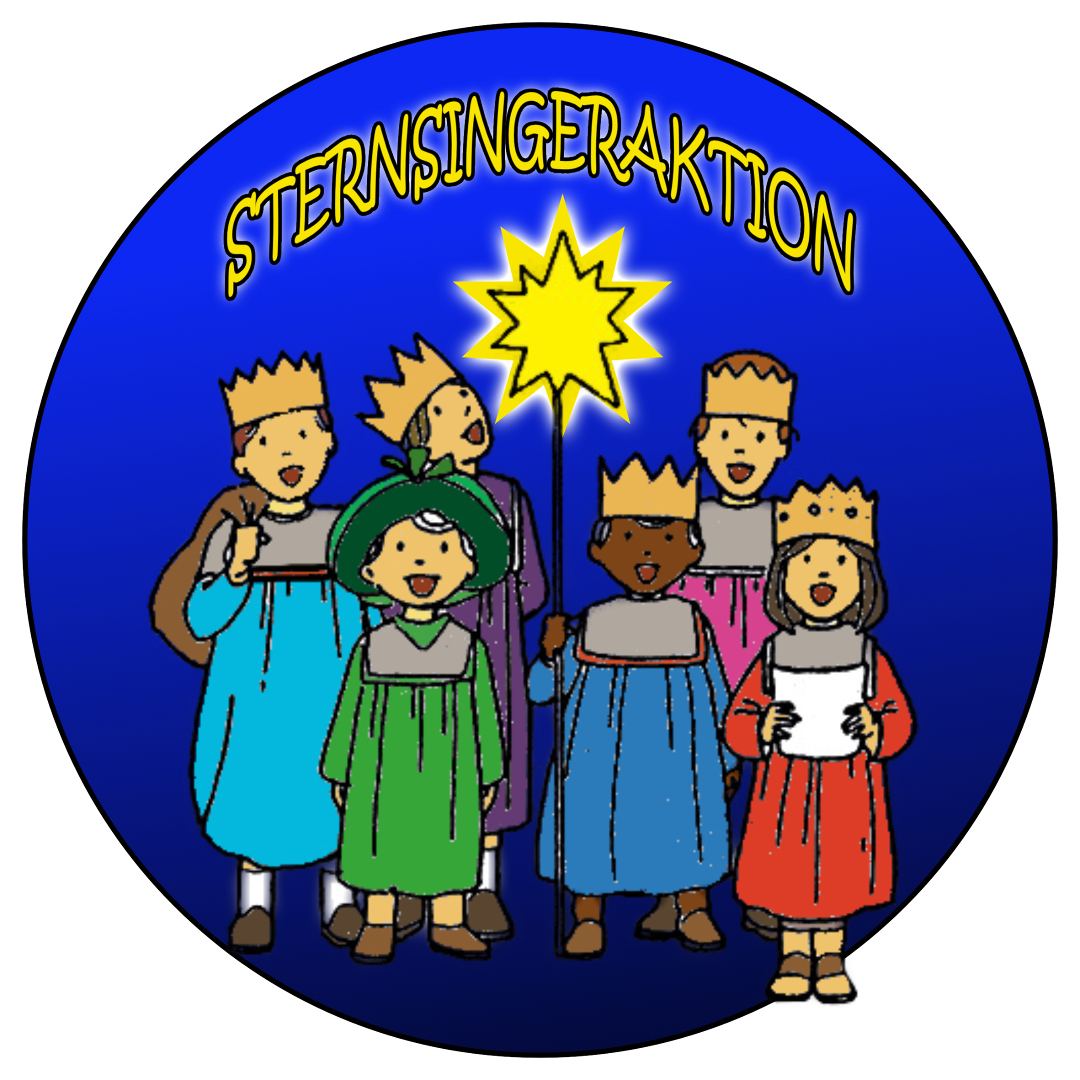 gemalter Kreis: sechs Kinder stehen als Könige verkleidet um einen Stern.