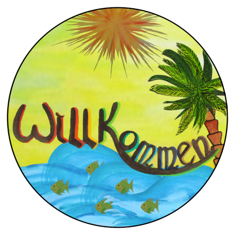 Kreis, gemalt: Hintergrund gelb; Wasser mit 5 Fischen, an der rechten Seite eine Palme, in der Mitte das Wort: 'Willkommen' und drüber die scheinende Sonne