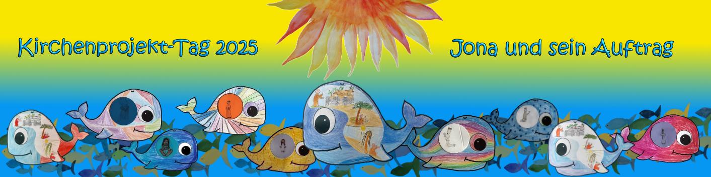 viele gemalte Fische und Wale mit der Sonne über dem Wasser