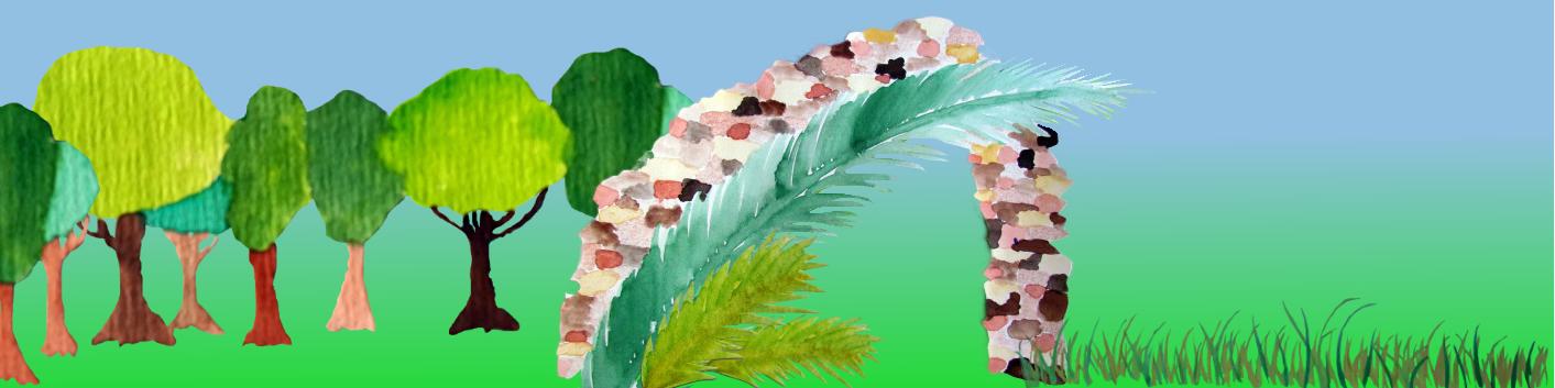 Rechteck: Baumreihe davor steinerner Torbogen mit Palmbusch